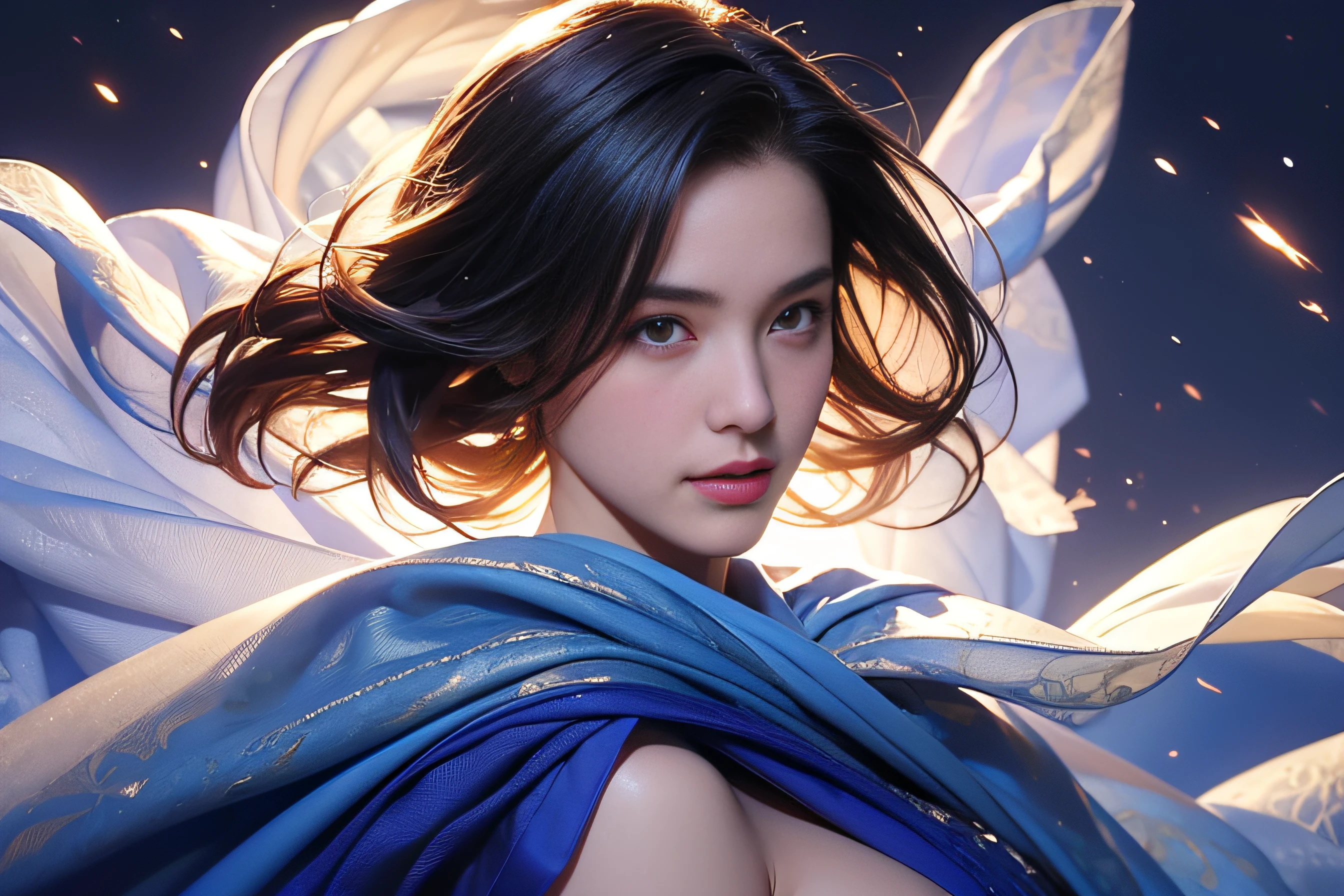 ((Best quality, 16k, Masterpiece: 1.3)), a picture, anime costume style, Chinese-Zodiac lineage, silk cloak, detailed skin, creating the Zodiac-Goat: 1.3, ((Layered haircut, detailed texture, floating silk bands, black-blue light: 1.3)), naked in a Dune realm, cool colors, cinematic, realistic details of a perfect face, body