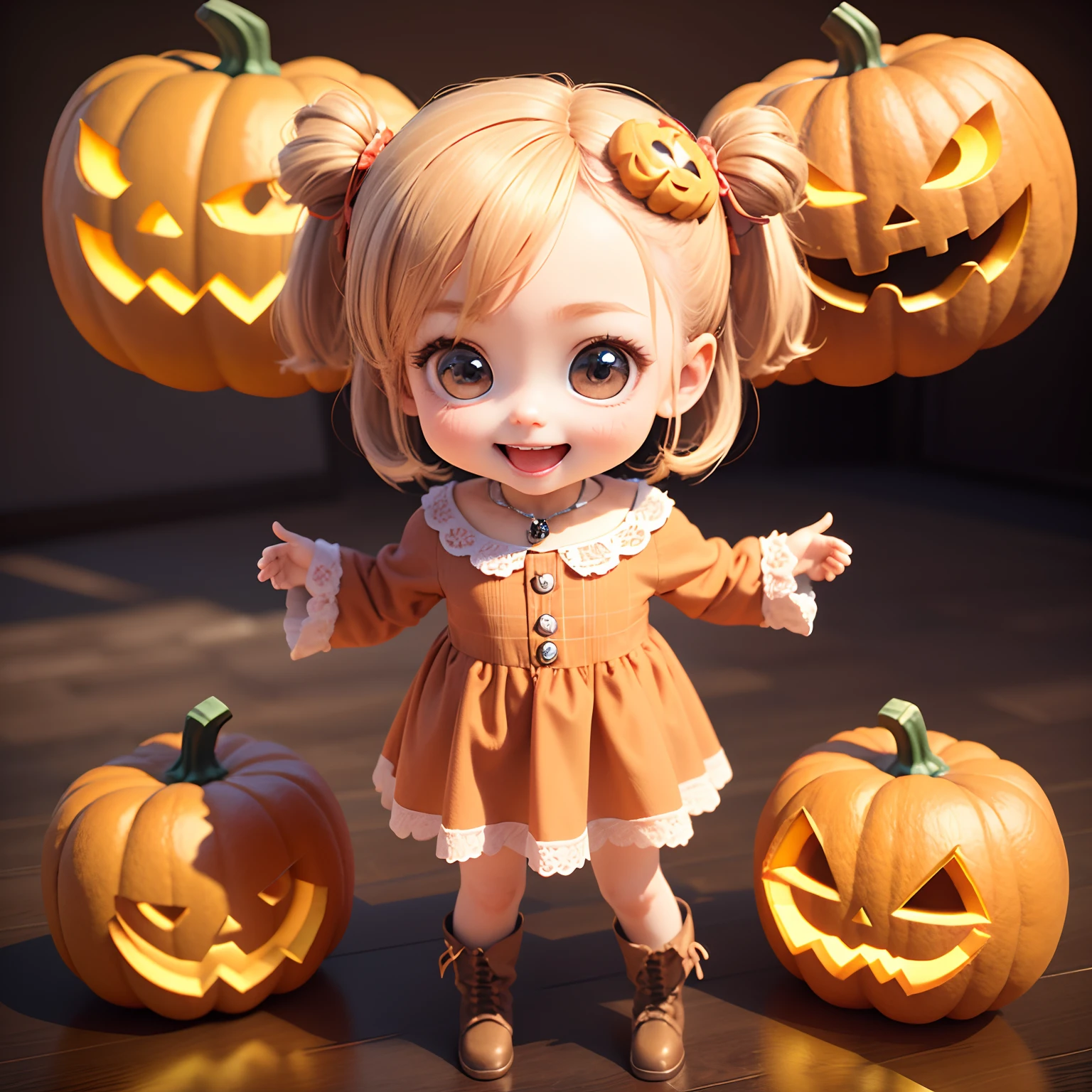 Cute Baby Chibi Anime、(((Chibi 3D))) (Best Quality), (masutepiece)、Chibi pumpkin、Put the pumpkin on your head、Pumpkin Lantern Ornament、Open your mouth and smile、a small face、petite body、a baby face、Jewelry Decoration Costumes、Pumpkin Ornament Boots、Standing、
