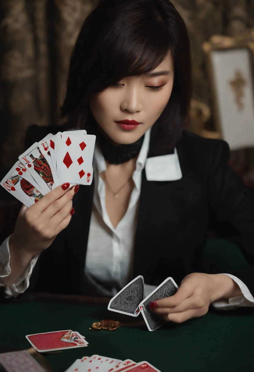 A young Japanese woman with a black suit up to a shirt and playing cards with black leather gloves on both hands