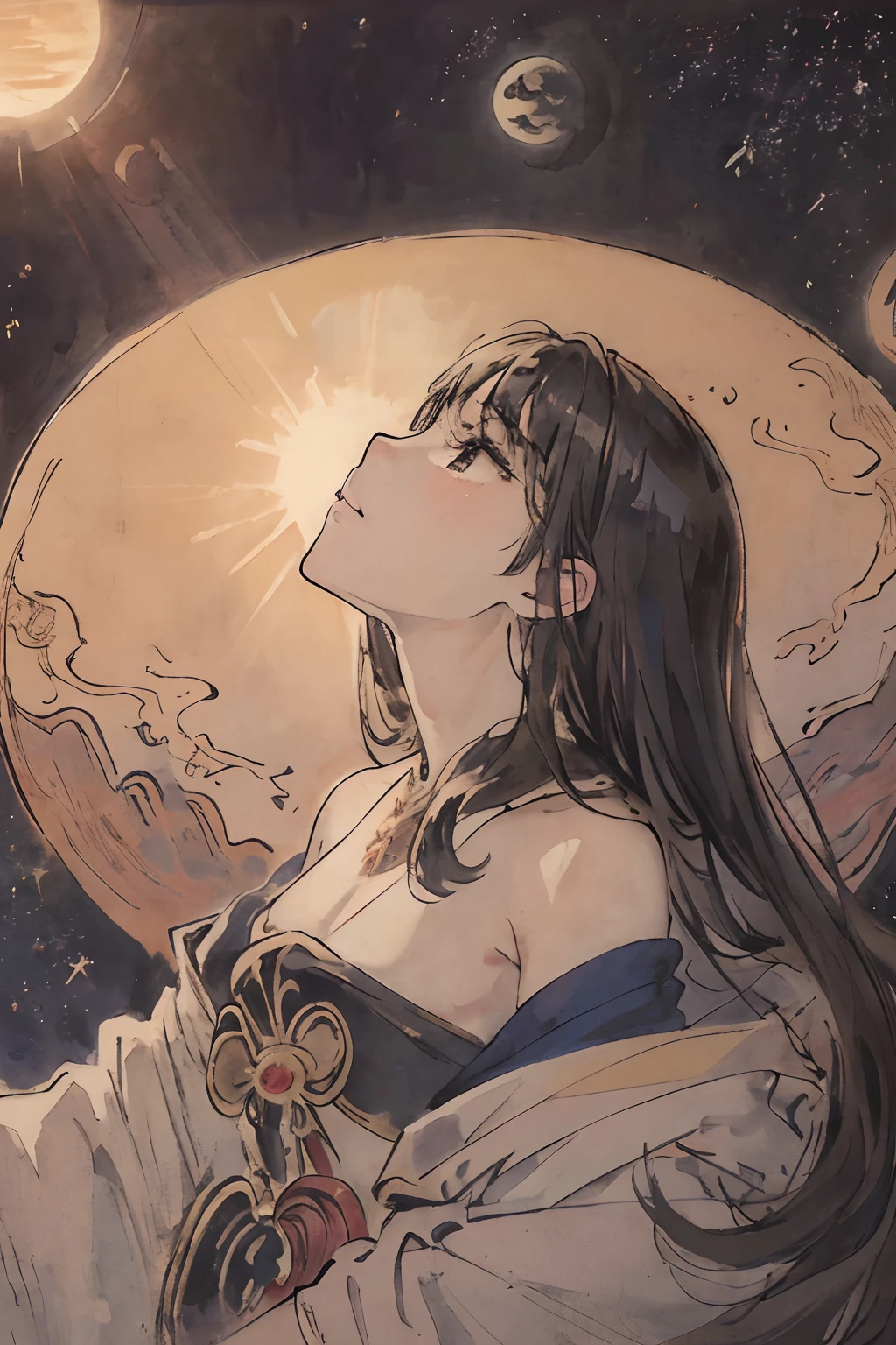 masterpiece、top-quality、Very delicate and beautiful girl、well-muscled、world masterpiece theater、Ultra-fine、top-quality、A dark-haired、girl with、Outer space with planets、Looking at the sun、top-quality、illustratio、doress、mystical、Looking up、an oil painting、realism、realisitic