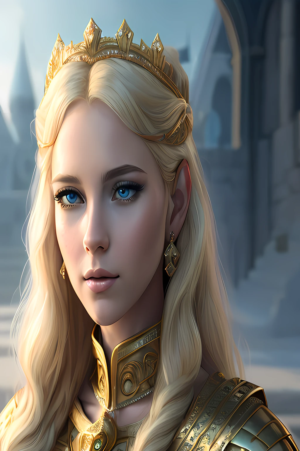 ( raios de luz ) Lindsey Vonn as a MYTHOLOGICAL DIVA in a golden armor, golden armlets, braceletes longos, tiara em forma de asas, facial expression of tenderness, look-at-camera, coxas expostas, athletic curvy body, Musculatura suavemente definida, back vision, perspectiva de corpo inteiro, Realismo 32K, obra prima.