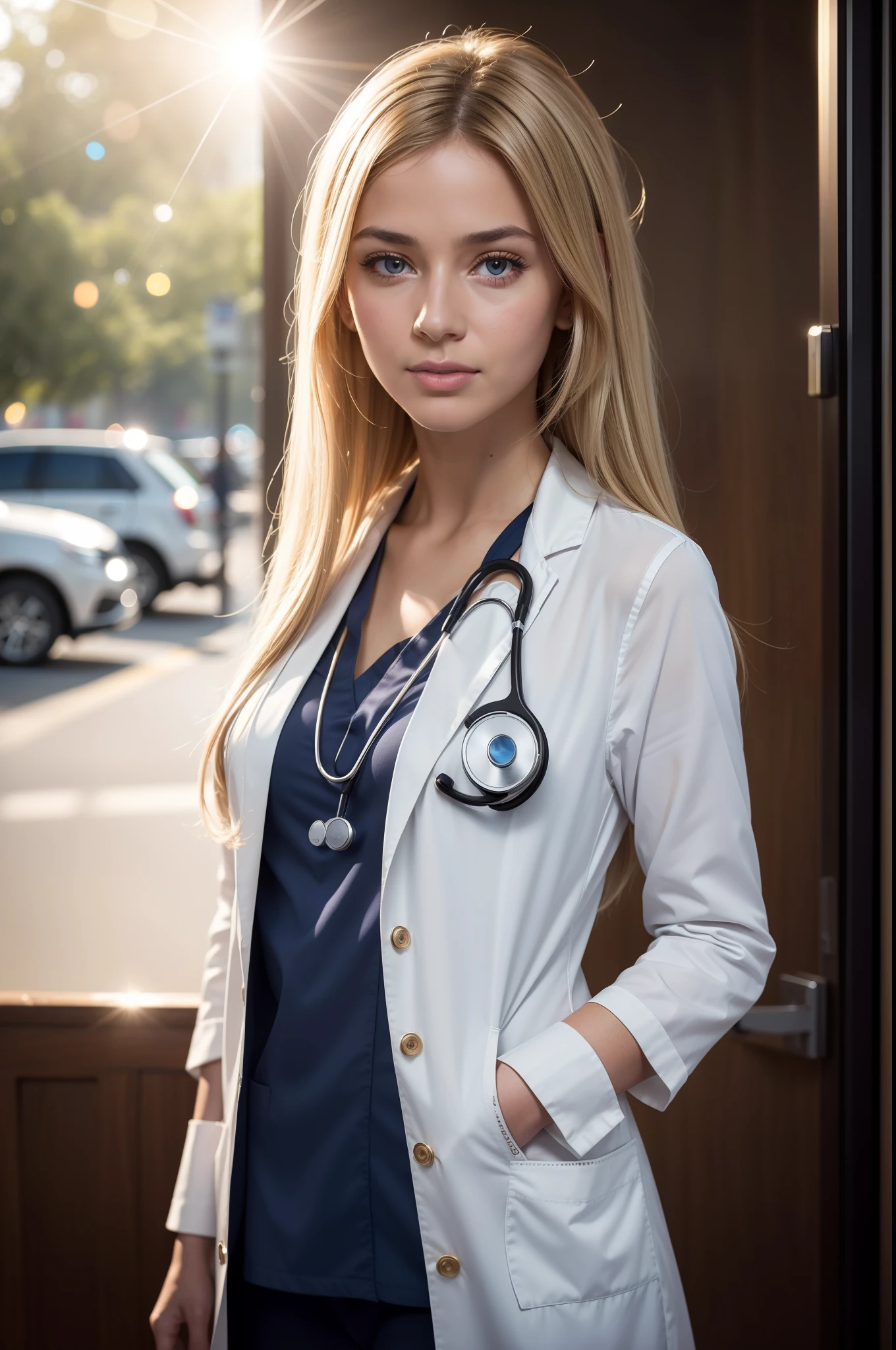 shopping mall, long blonde fringe hair, brown eyes, 1girl, doctor, Stethoscope on neck, smile, innocent, 100mm lens, (photorealistic, lens flare:1.4), look right side, as doctor, uniform, (intricate details:1.2),(masterpiece, :1.3),(best quality:1.4), (ultra highres:1.2), ultra high res, (detailed eyes), (detailed facial features), HDR, 8k resolution, (Stethoscope), far view, reflections on floor, low cut open cloth