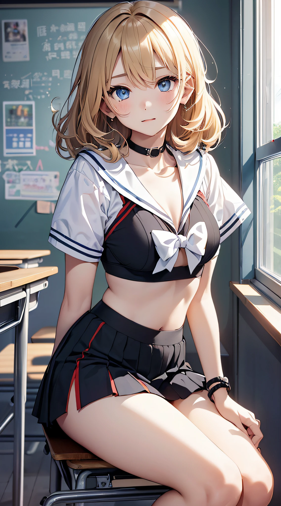 top-quality、Top image quality、​masterpiece、girl with((18year old、Sailor suit with short sleeves、Black Sports Bra、Blue short skirt、Best Bust、Bust 85、a blond、Longhaire、Blue eyes、open chest wide、Happiness、Black wristband on wrist、A slender、Shy face、耳Nipple Ring、all fours pose,Get closer to your audience)）hiquality、visualart、magazine、Background with((Morning School、‎Classroom))、masutepiece、