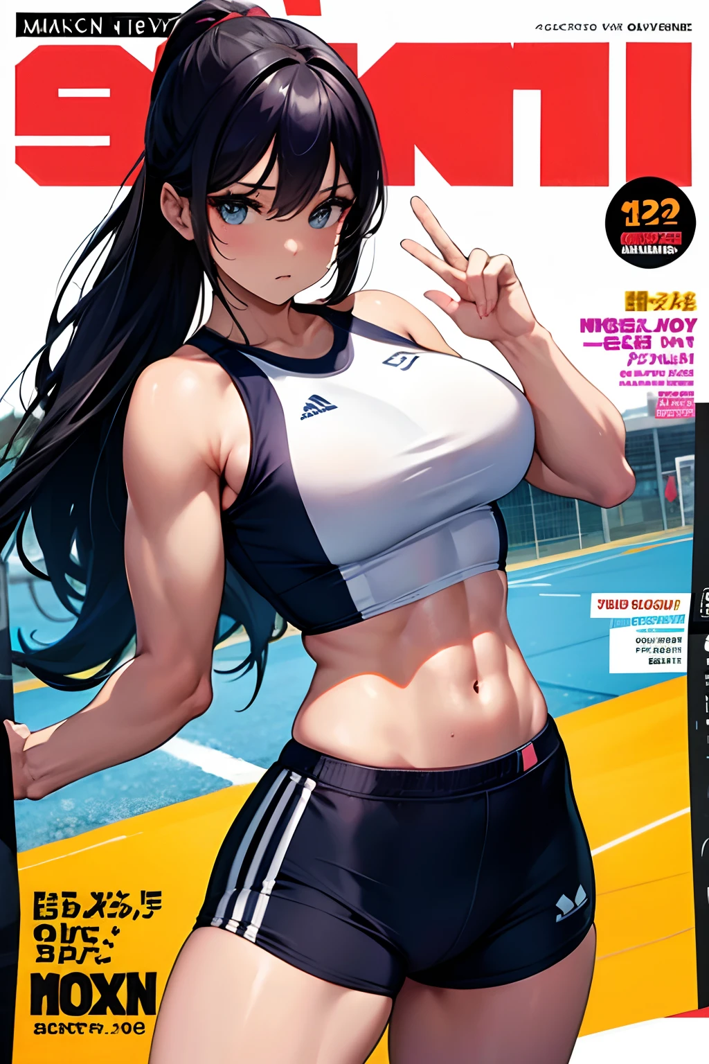 magazine cover, model, muscle girl, sports clothing, lewd