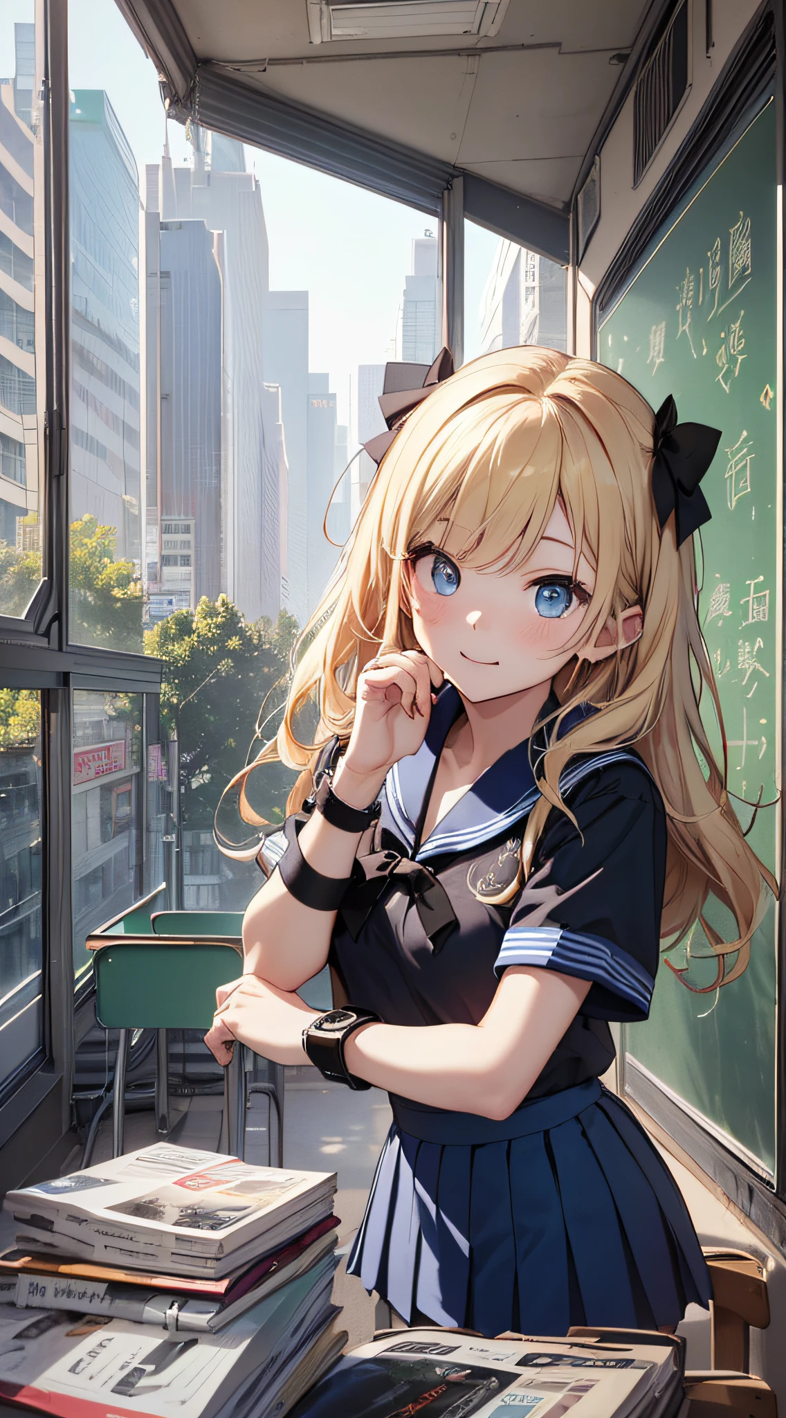 top-quality、Top image quality、masterpiece、girl with((18year old、Sailor suit with short sleeves、Black Sports Bra、Blue short skirt、Best Bust、Bust 85、a blond、Longhaire、Blue eyes、open chest wide、Happiness、Black wristband on wrist、A slender、Shy face、耳Nipple Ring、all fours pose,Get closer to your audience))hiquality、visualart、magazine、Background with((Morning School、Classroom))、masutepiece、