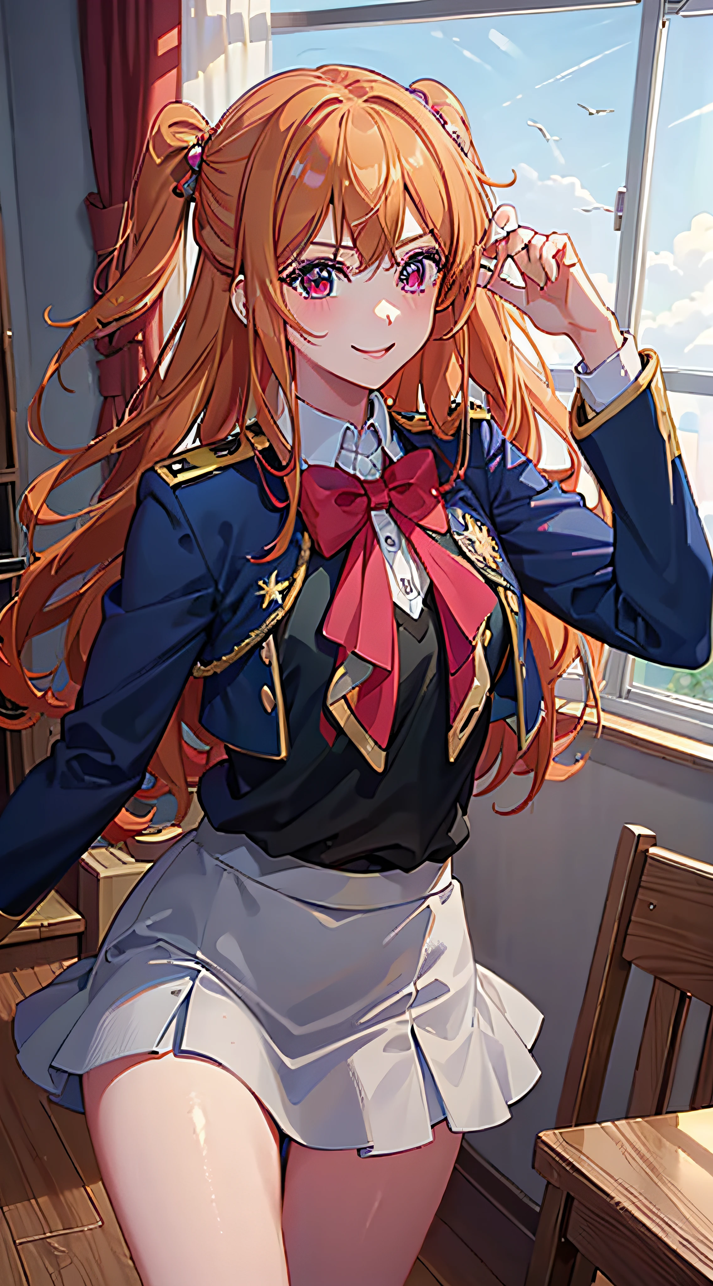 ((((Masterpiece)))), Top Quality, Super Detail, Illustration,One woman with beautiful smile, in uniform, upper body передвигая, standing in the school watch viewer, star-shaped pupils shining with long blonde hair. Beautiful legs peek out from the skirt, making it an ultra-high resolution wallpaper with beautiful scenes like Hoshino Ruby.