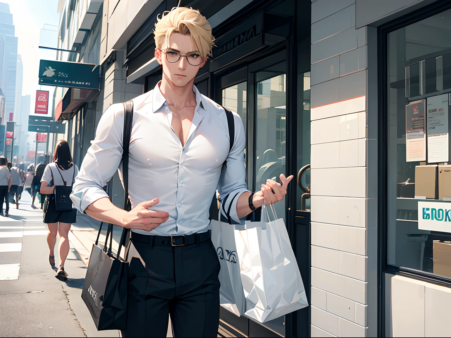 Nice looking Glasses, Blonde Hair, aqua eyes, Low Fade hairstyle sharp and muscular jawline, Only 1 Man, Wearing a shirt, Holding a White Shopping bag, Bag is full