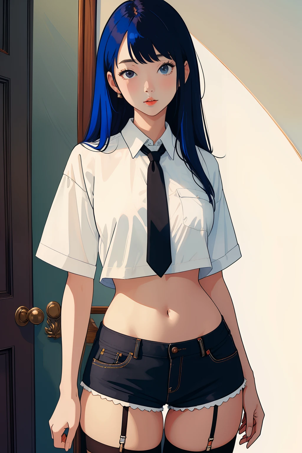 ((masterpiece, best quality)), 1girl, tall, cute young woman, colored hair, white shirt, shorts, black garter belt
