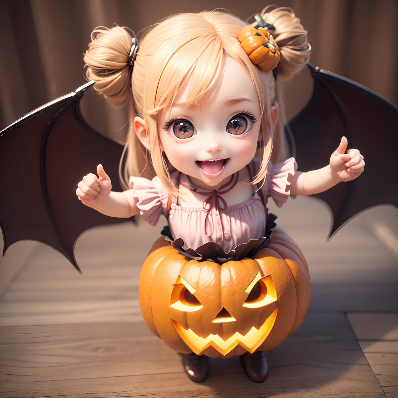 Cute  Chibi Anime、(((Chibi 3D))) (Best Quality), (masutepiece)、Chibi pumpkin、Put the pumpkin on your head、Pumpkin Lantern Ornament、Open your mouth and smile、a smalite body、a ace、Jewelry DeCostumes、Pumpkin Ornament Boots、Standing、A few bats fly