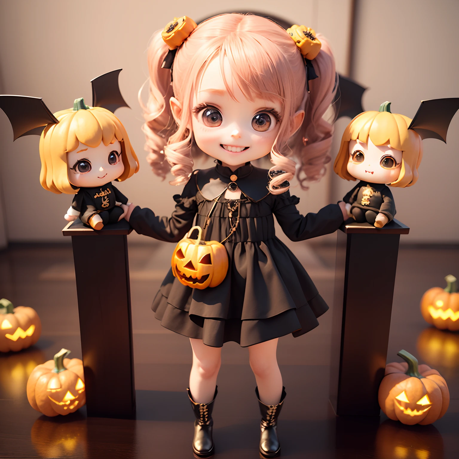 Cute Chibi Anime、(((Chibi 3D))) (Best Quality), (masutepiece)、Chibi pumpkin、Put the pumpkin on your head、Pumpkin Lantern Ornament、Open your mouth and smile、a smalite body、a ace、Jewelry DeCostumes、Pumpkin Ornament Boots、Standing、A few bats fly