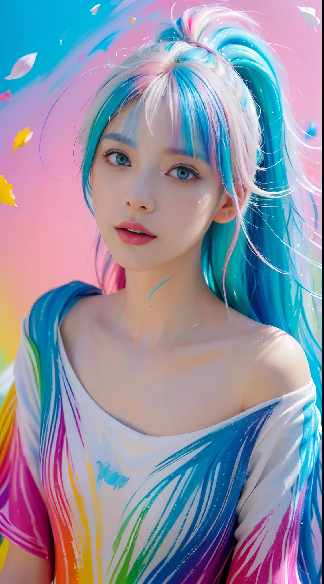 （Pink Fashion T-shirt：1.9），(Colorful hair: 1.8), (all the colours of the rainbow: 1.8),(((((vertical painting：1.6))), （painting：1.6），front, comics, illustrations, paintings, large eyes, crystal clear eyes,（ rainbow color gradient high ponytail：1.7）, exquisite makeup, closed mouth,(Small Fresh: 1.5),(Wipe Chest: 1.6) ，long eyelashes, white off shoulder T-shirt,  White Shoulder Shirt，looking at the audience, large watery eyes, (rainbow colored hair：1.6), color splash, （solo：1.8）, color splash, color explosion, thick paint style, messy lines, ((shining))，(colorful), (colorful), (colorful), colorful, Thick Paint Style, (Splash) (Color Splash), Vertical Painting, Upper Body, Paint Splash, Acrylic Pigment, Gradient, Paint, Highest Image Quality, Highest Quality, Masterpiece, Solo, Depth of Field, Face Paint,  colorful clothes, (Elegant: 1.2), gorgeous,long hair, wind, (Elegant: 1.3), (Petals: 1.4)，(((masterpiece))),(((best quality))),((ultra-detailed)),(illustration),(dynamic angle),((floating)),(paint),((disheveled hair)),(solo),(1girl) , (((detailed anima face))),((beautiful detailed face)),collar,bare shoulders,white hair, ((colorful hair)),((streaked hair)),beautiful detailed eyes,(Gradient color eyes),(((colorful eyes))),(((colorful background))),(((high saturation))),(((surrounded by colorful splashes))),