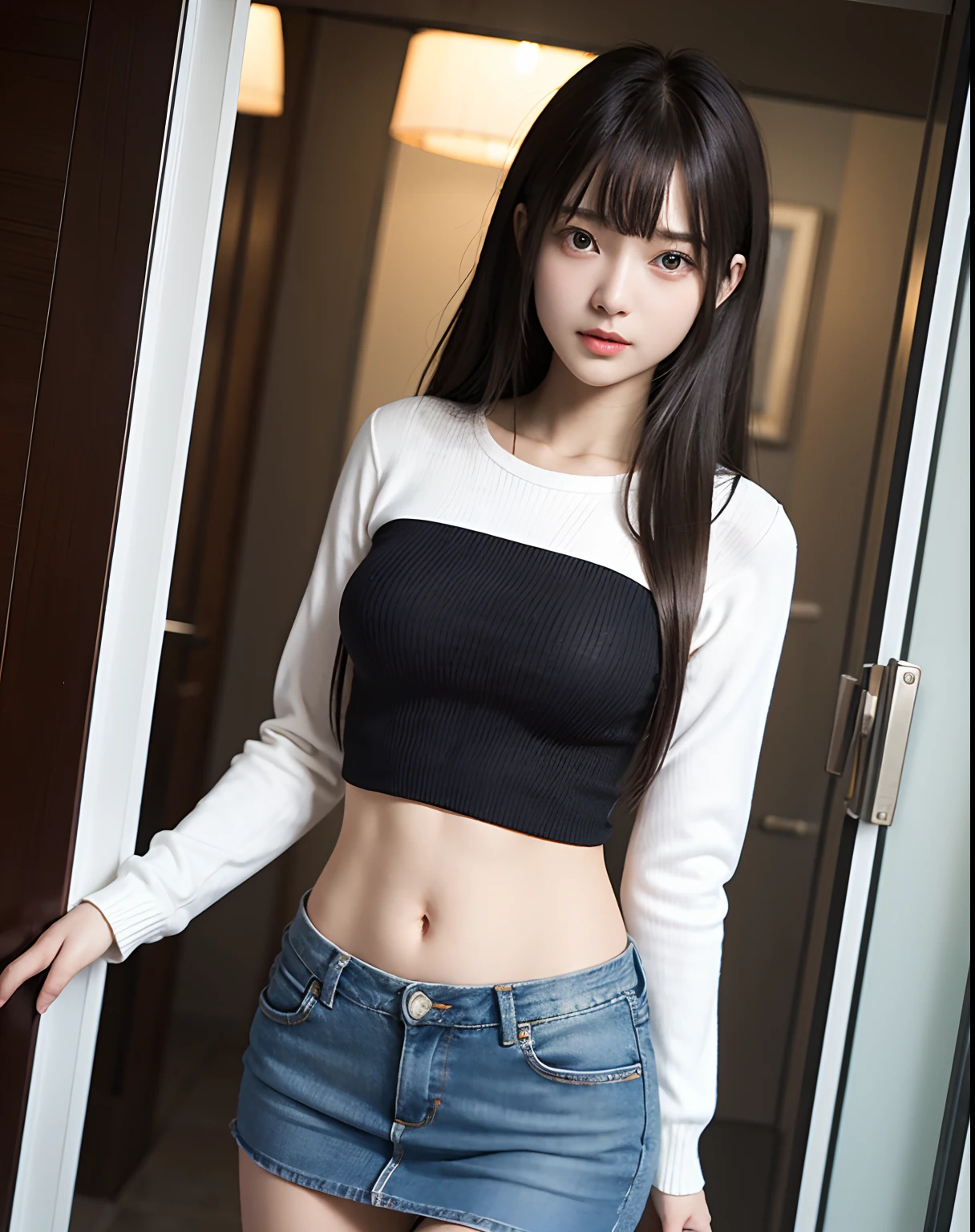 tmasterpiece，best qualityer，1girll，sitted，Lower breast，on top of the bed，In the room
