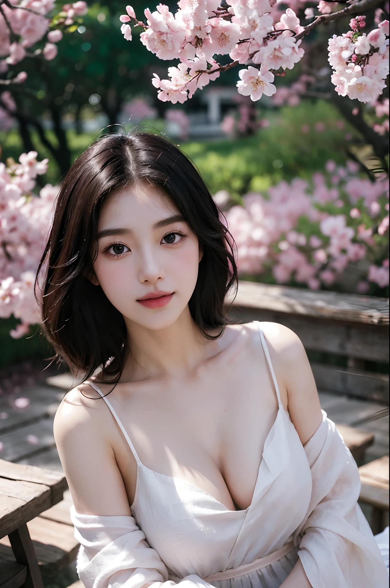 (Best quality,4K,8K,A high resolution,Masterpiece:1.2),Ultra-detailed,(Realistic,Photorealistic,photo-realistic:1.37),Beautiful detailed eyes,beautiful detailed lips,Extremely detailed eyes and face,Long eyelashes,slender leg,nice thigh,perfect hand,Nice fingers,1girll,korean beautifull girl,Japanese and Korean beauties,Korean,Large cleavage,deep v big breasts,Under the cherry blossoms,Enchanted smile,feminine charm,Flowing black hair,Elegant posture,Beautiful dance moves,Soft sunlight filters through the branches,Subtle shades of pink and white,tranquil ambiance,The breeze rustles the petals,Portrait style painting,Meticulous brushstrokes,Texture canvas,Delicate petals,Ethereal beauty,There is a faint blush on the cheeks,Natural and enhanced functionality,Classic Korean makeup,Sparkling eyes,setting in nature,Tranquil background,A traditional Korean garden,Gorgeous wooden building,colorful lanterns,Unique Korean style,The subtle scent of cherry blossoms,Play soft music in the background