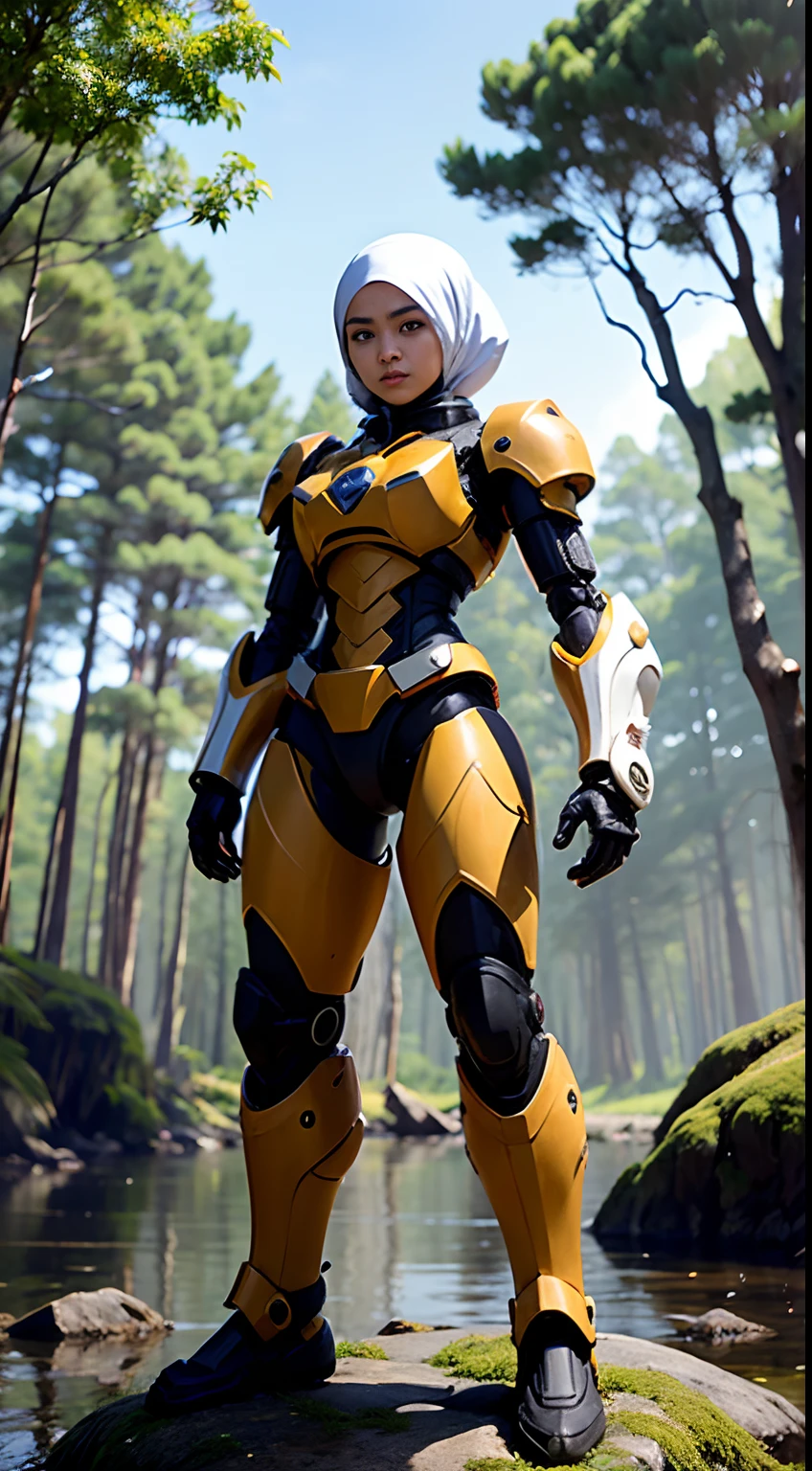 Create a serene yet powerful scene where the Malay girl in hijab, in her mecha hero attire, stands resolute amidst a tranquil forest, blending nature and technology in a harmonious way.