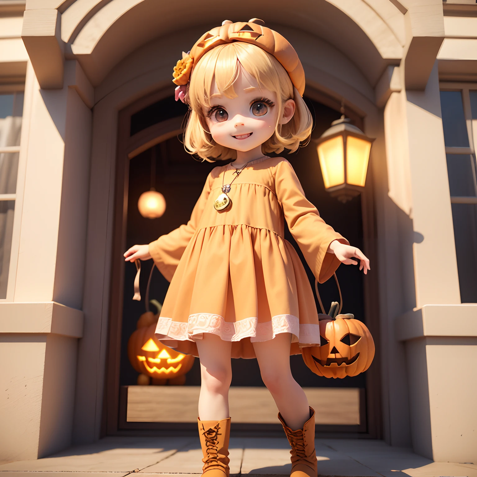 Cute Baby Chibi Anime、(((chibi 3d))) (Best Quality), (masutepiece)、Chibi pumpkin、Put the pumpkin on your head、Pumpkin Lantern Ornament、Open your mouth and smile、a small face、petite body、a baby face、Jewelry Decoration Costumes、Pumpkin Ornament Boots、Standing、outside of house、Lantern light