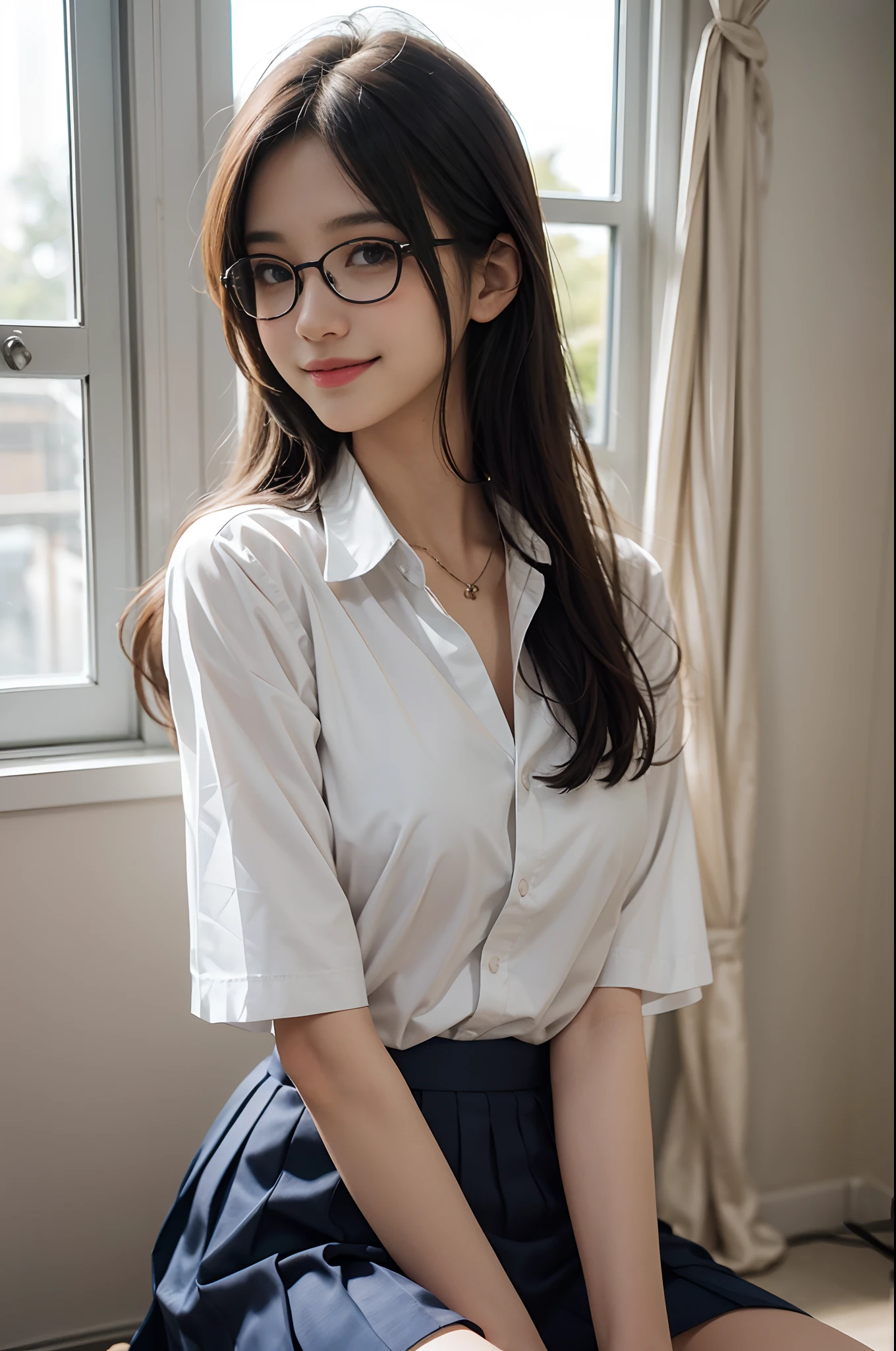 Top image quality、超A high resolution、masutepiece、Photoquality(photographrealistic:1.8)、Delicate skin texture、accuracy、Japan women、、Girl Smile、A dark-haired、Cute dimples、Non-makeup、Medium straight hair、Boyish girl、Black-rimmed glasses、I am an honors student、Slender girl、Smaller chest、Flat-breasted、laugh face、Have a good laugh、Look straight at me、hi-school girl、White short sleeve blouse、White shirt with collar、Gray School Vest、Japanese high school girl、校服、Thin Blue Ribbon Tie、Dark blue box pleated skirt、Exposed shirt hem、 I have a paperback、By the window of the classroom、Sitting on a chair、laugh face、Have a good laugh、Facing the front、reflective light、