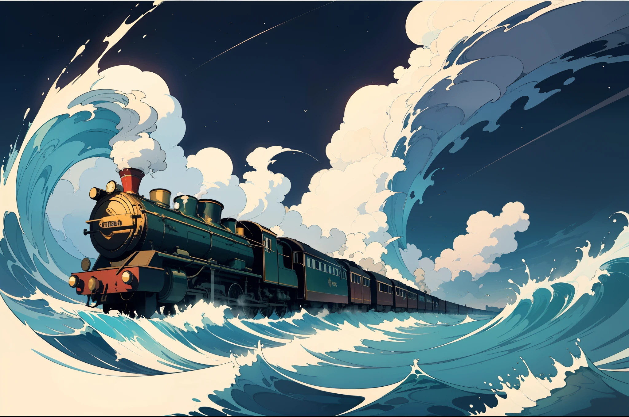 beautiful and asethetic, masterpiece, movie poster, best quality, drawing of a side view of a steam train travelling over water with waves with a dark sky in the background at night, muted colors, by james jean style, fantastical elements