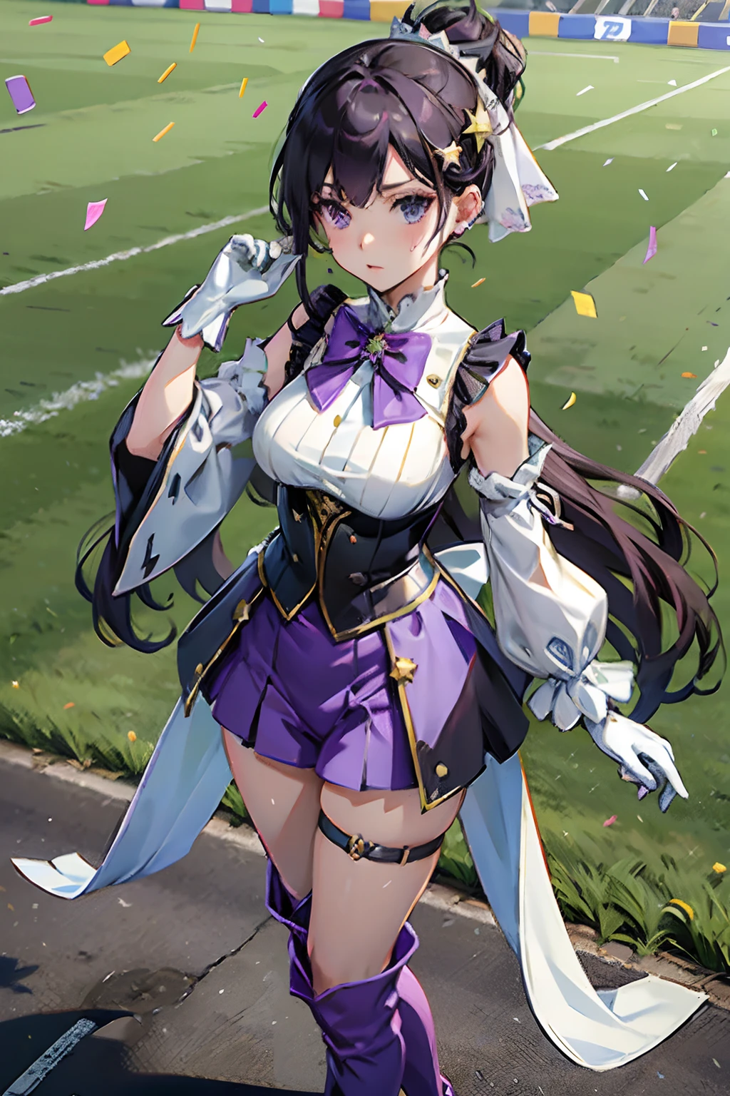 masterpiece, best quality,
narita top road,
grass, stadium, confetti,
standing, sweatdrop, hand up, looking down,
ear cover, star hair ornament, brooch, sleeveless dress, purple dress, white bow, mismatched gloves, white gloves, black gloves, shoulder cutout, puffy long sleeves, detached sleeves, see-through sleeves, frills, shorts under dress, short shorts, purple shorts, thigh strap, knee boots, purple footwear,