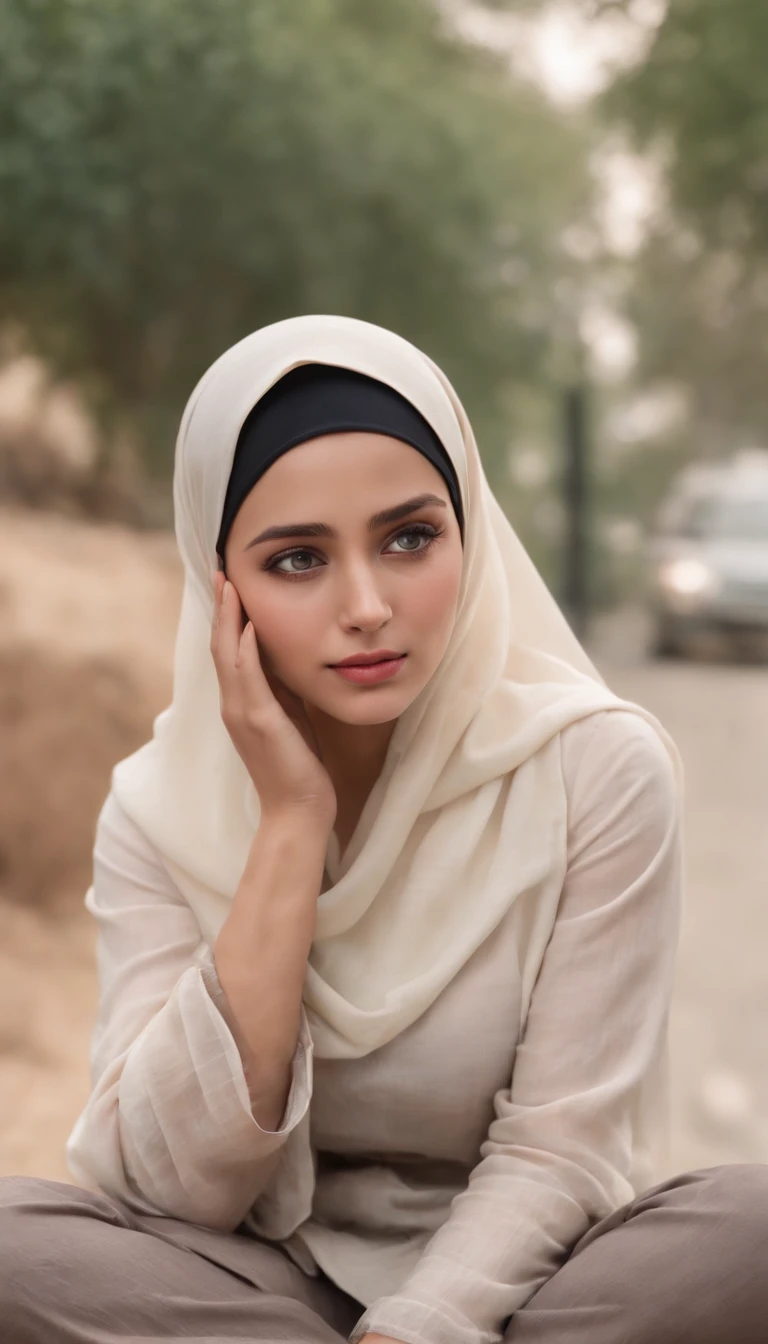 crying girl sitting on the side of the road, her hands covering her face and eyes, her face not visible, her expression sad. wearing a hijab, polite Islamic clothing covering all her legs, no nude. realistic, vector art, full body, perfect finger details