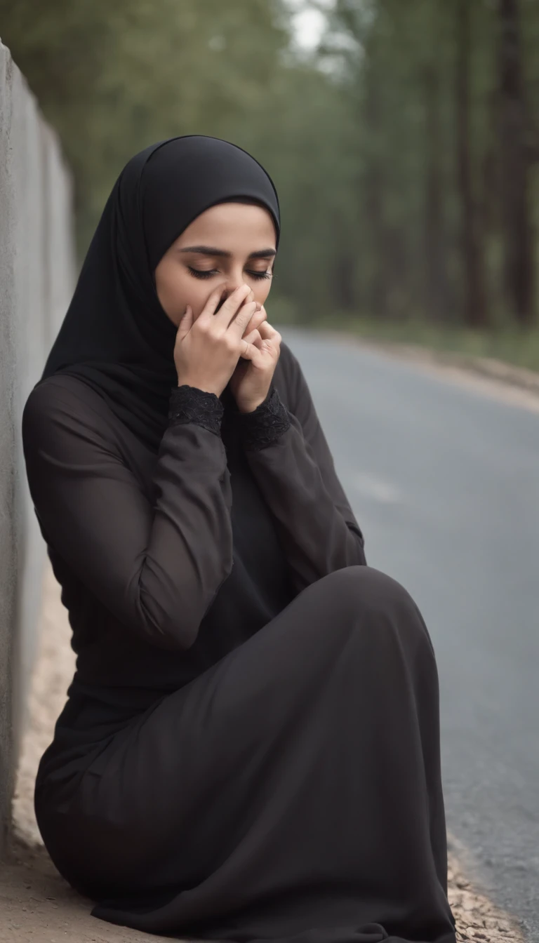 crying girl sitting on the side of the road, her hands covering her face and eyes, her face not visible, her expression sad. wearing a hijab, polite Islamic clothing covering all her legs, no nude. realistic, vector art, full body, perfect finger details