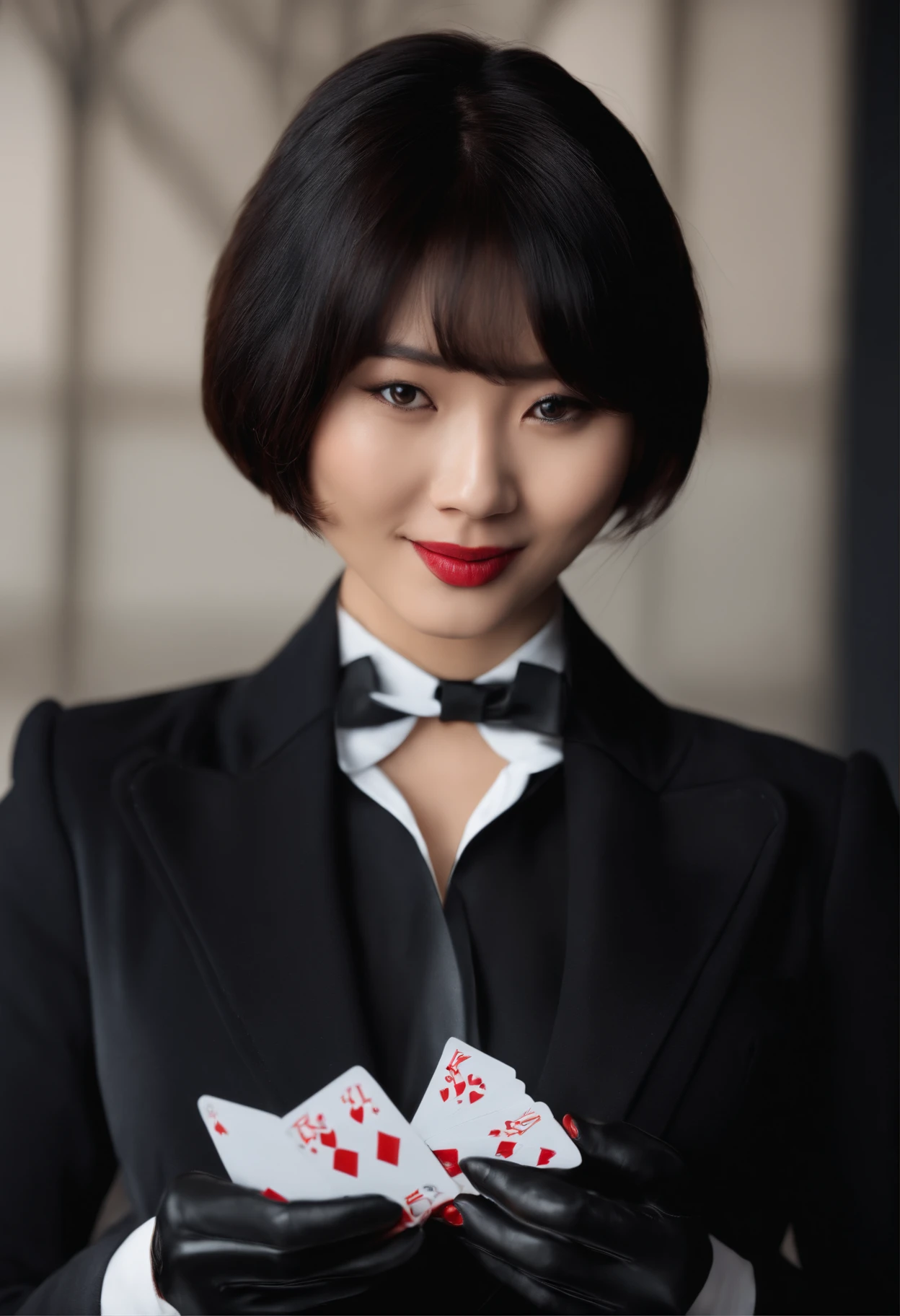 A young Japanese woman with a black suit up to a shirt and playing cards with black leather gloves on both hands