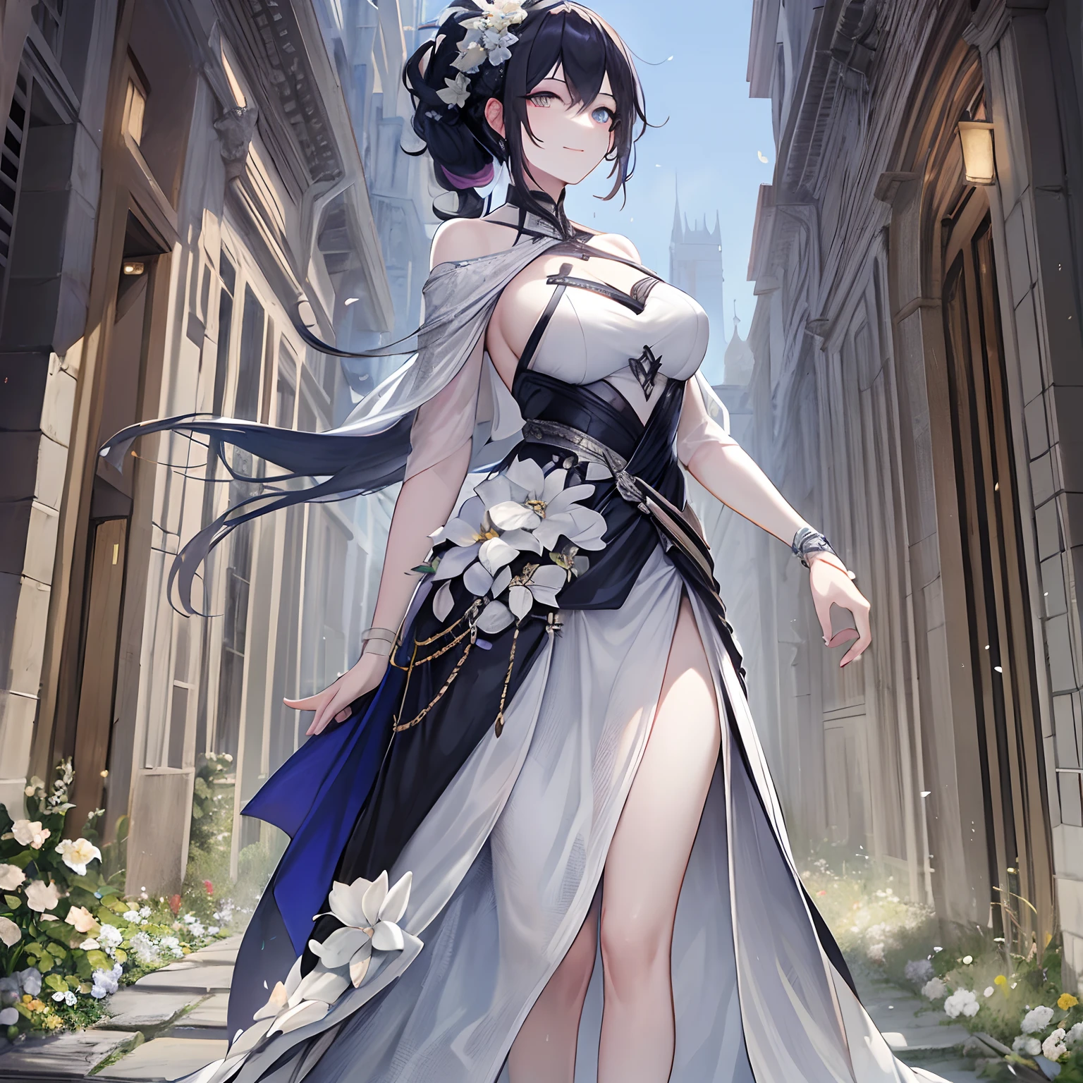 Woman, long dark blue hair gathered in a low ponytail, pale eyes, white combat dress with silver details and flowers, modernity, calm smile, full length