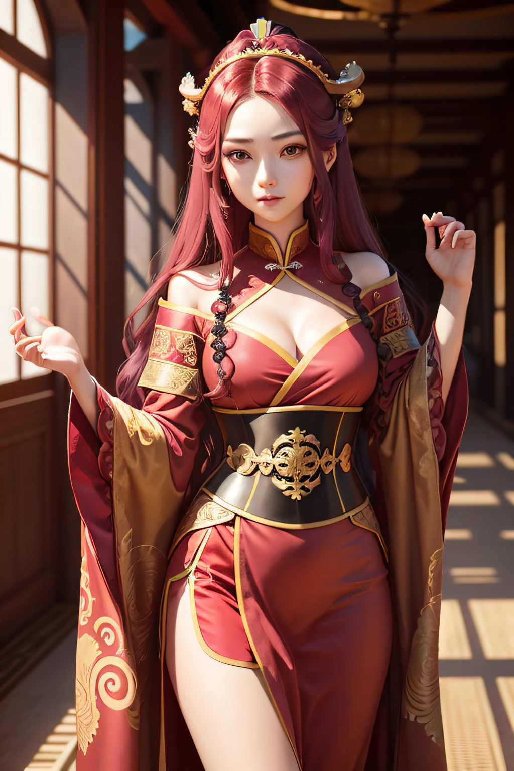 A queen, Medium breasts, Maroon hair, Long hair, Wavy hair, Black colored eyes, Bright yellow Chinese emperor costume, Inside the main hall
