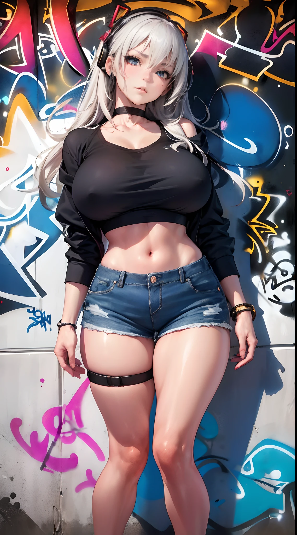 Kujou genshin effects, masterpiece, bestquality, 1girls, bara, crop top, shorts jeans, choker, (Graffiti:1.5), color splashes, arm behind back, against wall, looking at the audience, bracelet, Thigh strap, Paint on the body., Head tilt, bored, multicolored hair, water eyes, headset,(NSTDA.:1.2), (10, beste-Qualit, master-piece: 1.4), ultra-high resolution, (lifelike, photorealistic portrait: 1.48), 25 years old, A Beautiful Girl, Tall, gigantic breasts, Famous Japanese actors, Blue Eyes, Head tilt, cowboy shot, viewer look., Disgusted eyes, Sliced thinly., Whole body, foot, Ultra-Wide Angle