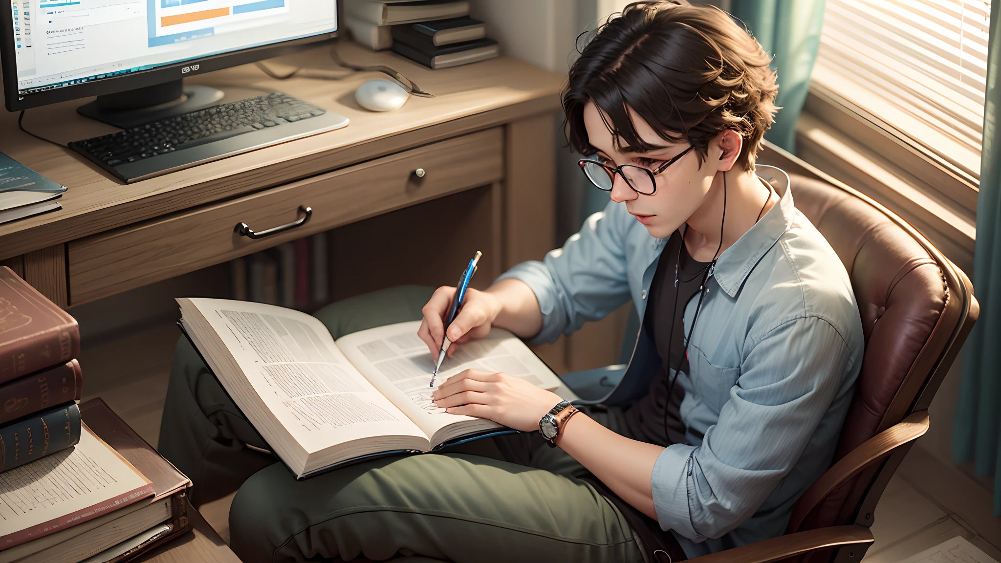 boy, 20s, glasses, sitting in front of computer, studying, pen in hand, headphones, books, notebook, bedroom, - --auto --s2