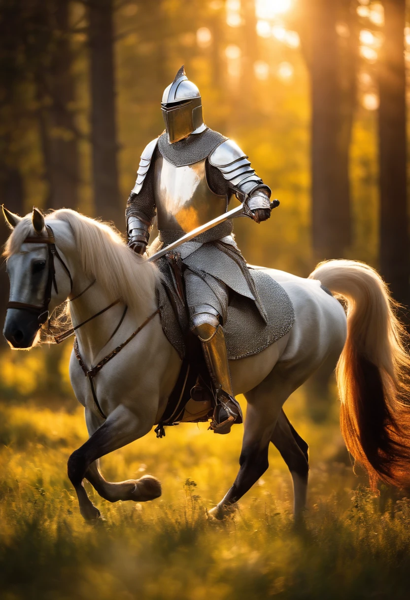 "A royal knight with a majestic aura, Dressed in shiny silver armor, Wielding the sword of legend,With a bow on his back, he rode on the forest trail on the field, ，Sunlight illuminates the scene.，