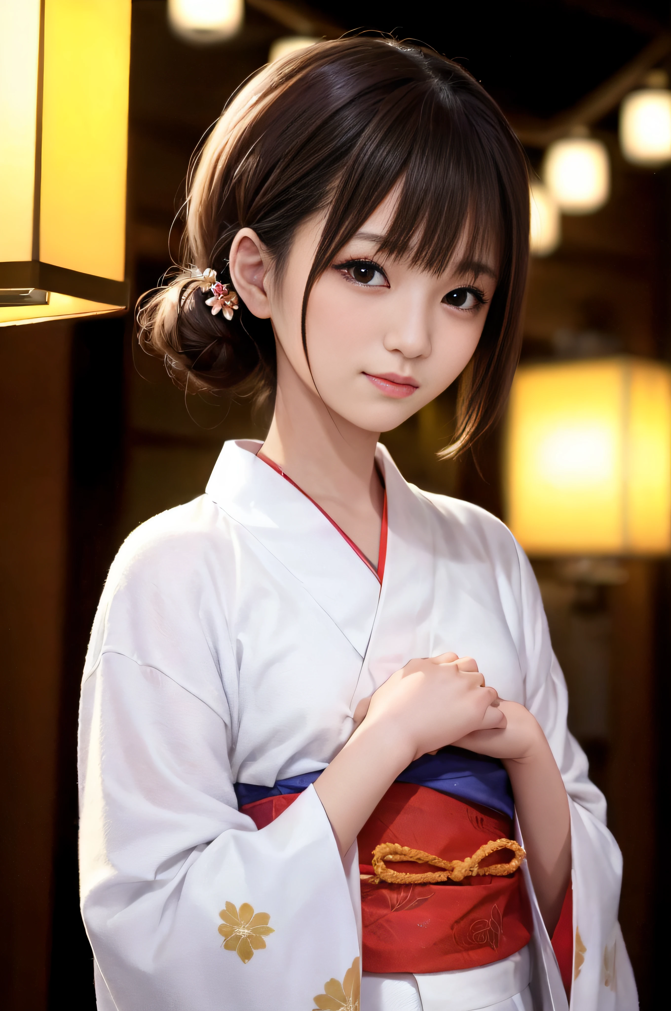 Photorealsitic、hight resolution、Soft light、 (masterpiece、top-quality、hight resolution、8K、Realistic Photos、Realistic skin、Detailed skin)、one japanese woman、years、a beauty girl、Japan Idols、kimono、small tits、Smaller chest、