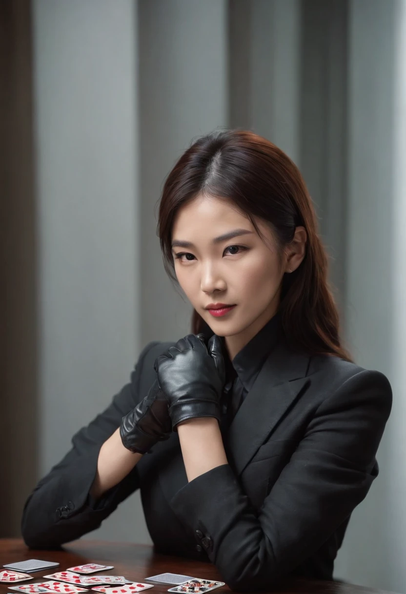 A young Japanese woman with a black suit up to a shirt and playing cards with black leather gloves on both hands