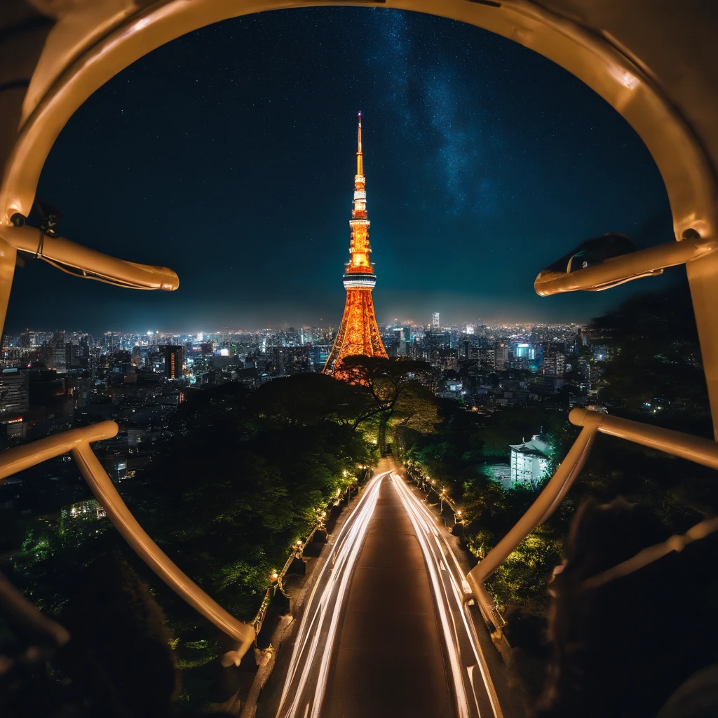 Master Parts、Superior Quality、superior image quality、The 8k quality、Beautiful pictures of the starry sky、magnifica、Arched Milky Way:1.9、Tokyo Tower、night view of Tokyo