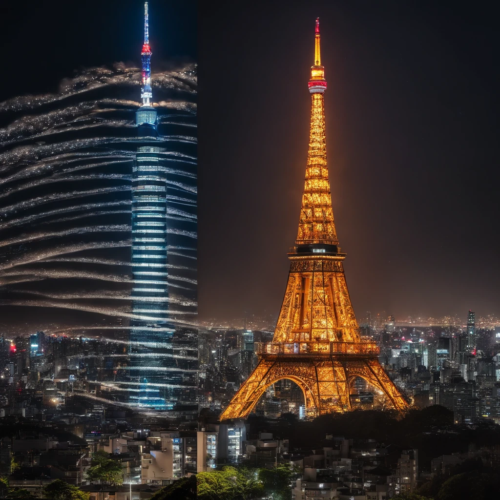 Master Parts、Superior Quality、superior image quality、The 8k quality、Beautiful pictures of the starry sky、magnifica、Arched Milky Way:1.9、Tokyo Tower、night view of Tokyo