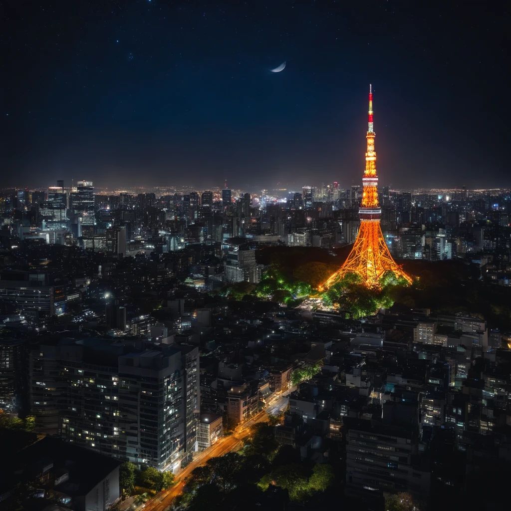 Master Parts、Superior Quality、superior image quality、The 8k quality、Beautiful pictures of the starry sky、magnifica、Arched Milky Way:1.9、Tokyo Tower、night view of Tokyo