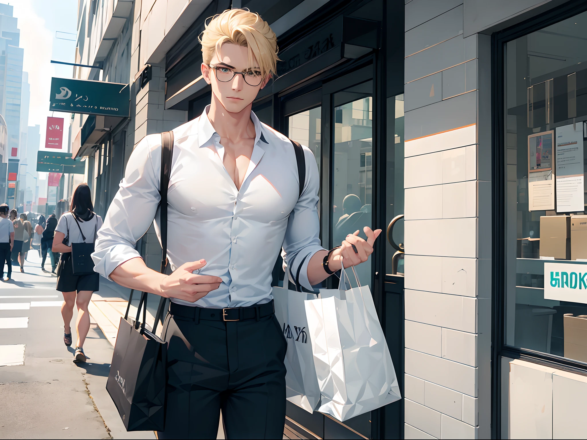 Nice looking Glasses, Blonde Hair, aqua eyes, Low Fade hairstyle sharp and muscular jawline, Only 1 Man, Wearing a shirt, Holding a White Shopping bag, Bag is full