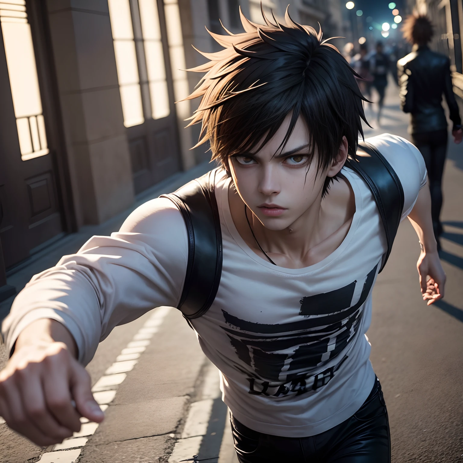 homem de 19 anos, with L appearance (death note), com o poder da super velocidade, correndo em alta velocidade.