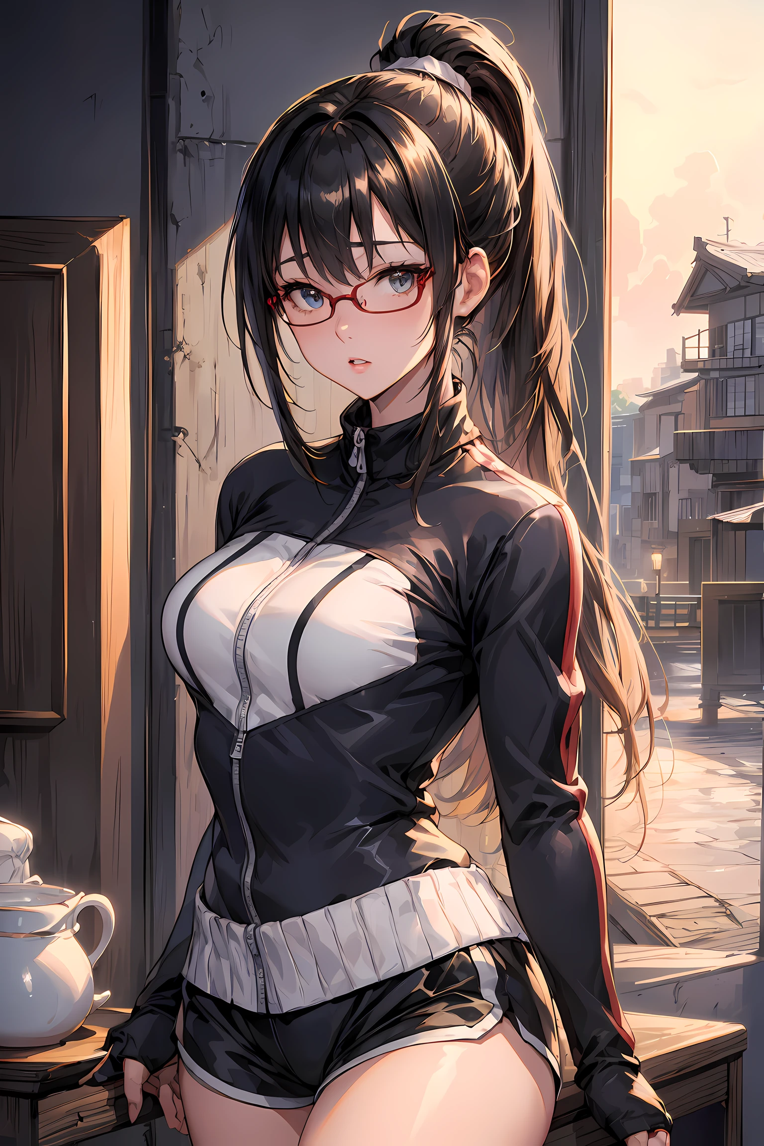 (1glasses girl:1.3, solo), (Audrey Hepburn:1.3), (a extremely pretty and beautiful Japanese woman), (sexy girl), (professional attire:1.3), (22 years old: 1.1), (from below:1.3), (low angle:1.3), (ground level shot:1.3), (girl on top:1.3), (arms behind back between legs:1.3), (attractive random posing:1.3), (in the queen's room:1.3), (look down:1.3), (starring at you:1.3), (front view:1.3), break, (ponytail:1.3), (shiny-black thin hair:1.2), bangs, dark brown eyes, beautiful eyes, princess eyes, (big eyes:1.3), bangs, wearing a glasses:1.3, Hair between eyes, short hair:1.3, (slender:1.1), (small-medium-breasts:0.95), (thin waist: 1.15), (detailed beautiful girl: 1.4), Parted lips, Red lips, full-make-up face, (shiny skin), ((Perfect Female Body)), (upper body image:1.3), Perfect Anatomy, Perfect Proportions, (most beautiful Korean actress face:1.3, extremely cute and beautiful Japanese actress face:1.3), BREAK, (View viewer, wearing a school girl uniform, (insanely detailed classical tracksuit:1.3), (red sports shorts:1.3), detailed clothes, BREAK, (detailed classy queen's room background:1.2), (dark background), (Studio soft lighting: 1.3), (fake lights: 1.3), (backlight: 1.3), BREAK, (Realistic, Photorealistic: 1.37), (Masterpiece, Best Quality: 1.2), (Ultra High Resolution: 1.2), (RAW Photo: 1.2), (Sharp Focus: 1.3), (Face Focus: 1.2), (Ultra Detailed CG Unified 8k Wallpaper: 1.2), (Beautiful Skin: 1.2), (pale Skin: 1.3), (Hyper Sharp Focus: 1.5), (Ultra Sharp Focus: 1.5), (Beautiful pretty face: 1.3), (super detailed background, detail background: 1.3), Ultra Realistic Photo, Hyper Sharp Image, Hyper Detail Image,