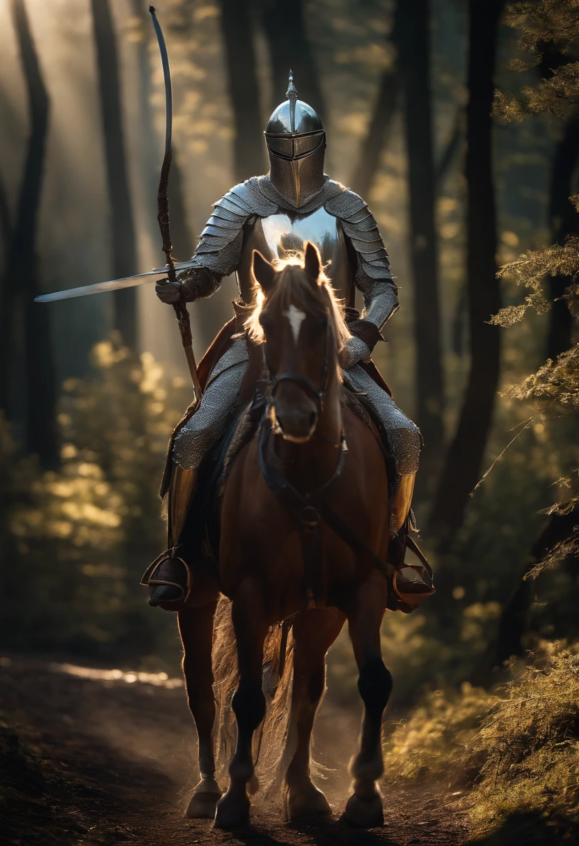 "A royal knight with a majestic aura, Dressed in shiny silver armor, Wield a European-style sword,Carrying a wooden bow, He rode on a forest trail in the field, ，Sunlight illuminates the scene.，