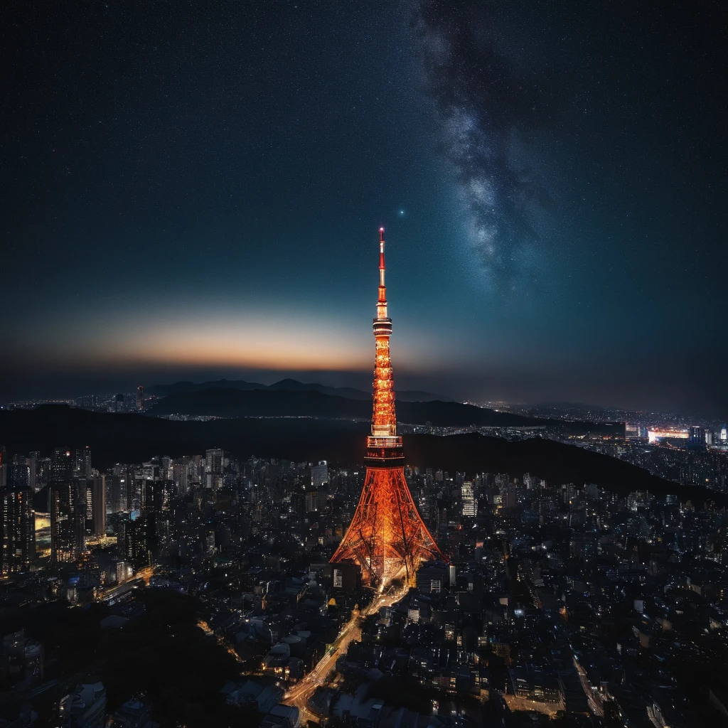 Master Parts、Superior Quality、superior image quality、The 8k quality、Beautiful pictures of the starry sky、magnifica、Arched Milky Way:1.9、Tokyo Tower、night view of Tokyo