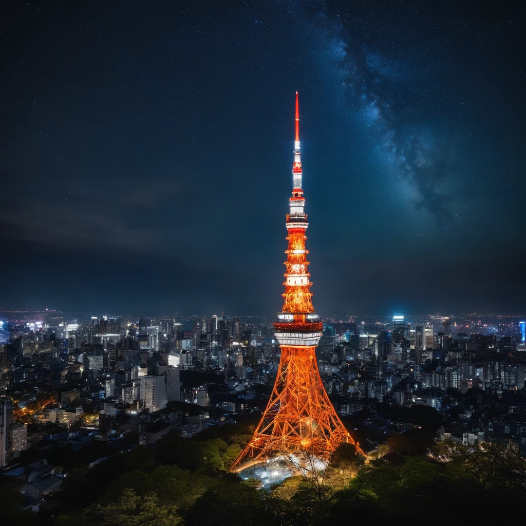 Master Parts、Superior Quality、superior image quality、The 8k quality、Beautiful pictures of the starry sky、magnifica、Arched Milky Way:1.9、Tokyo Tower、night view of Tokyo