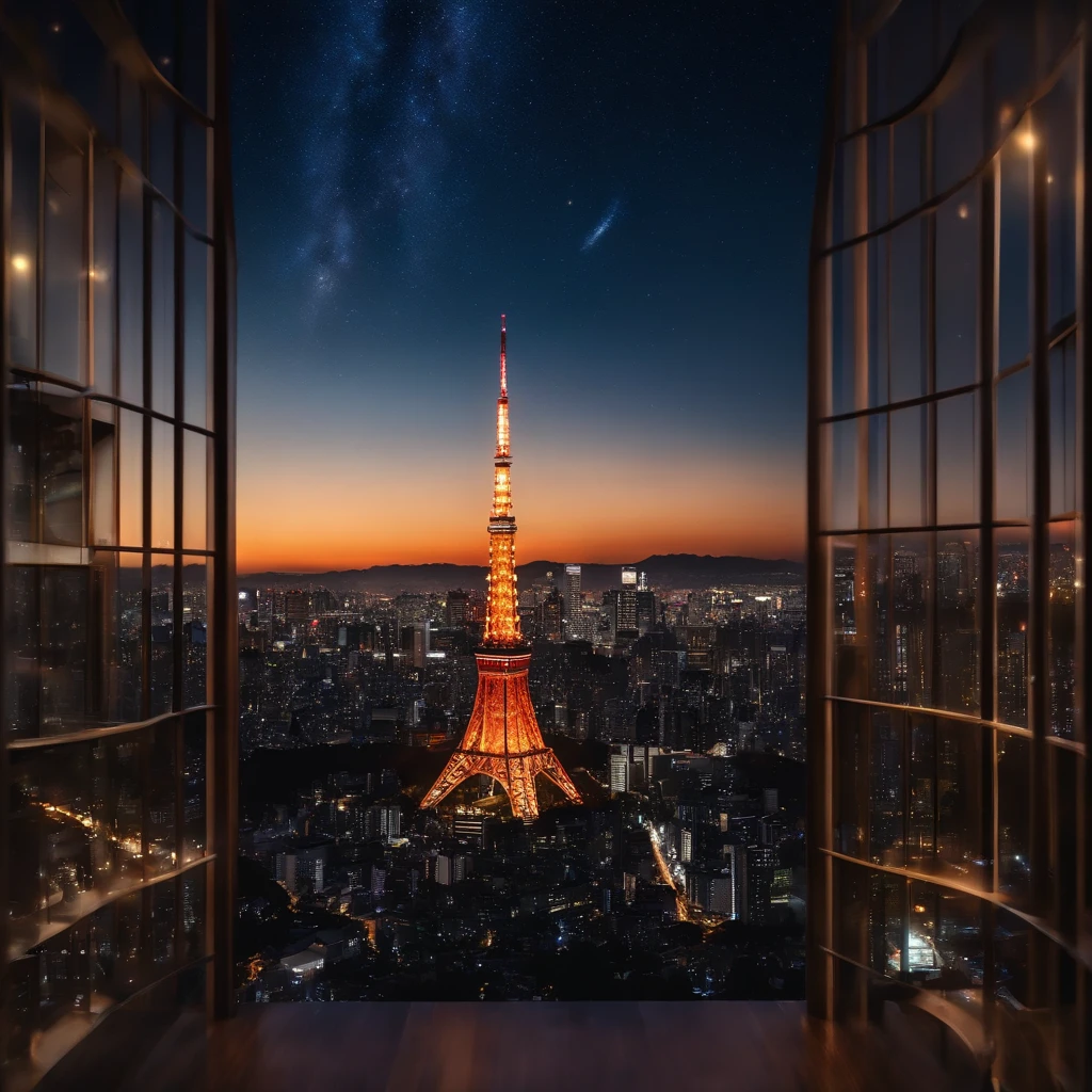 Master Parts、Superior Quality、superior image quality、The 8k quality、Beautiful pictures of the starry sky、magnifica、Arched Milky Way:1.9、Tokyo Tower、night view of Tokyo