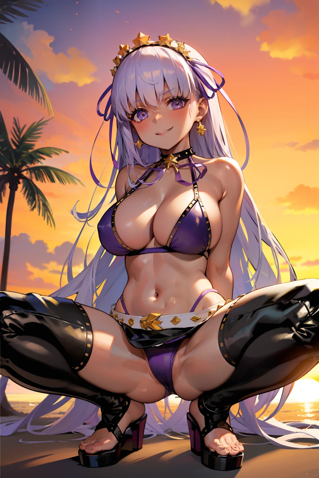 MoonCancer2nd, GyaruStyleClothing, 1girl, large breasts, squatting, smile, looking at viewer, solo, beach, sunset, dark skin, twilight, palm tree, sky, outdoors, spread legs, ocea,arms on own knees,