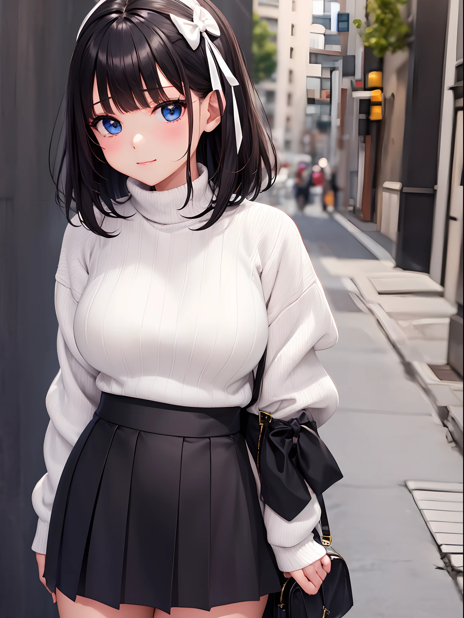 masuter piece、top-quality、Hi-Res、1girll、jewely、skirt by the、Sweaters、Black skirt、A dark-haired、short-hair、Rib Sweater、sox、turtle necked sweater、turtle neck、White Sox、blue eyess、long-sleeve、pleatedskirt、bow ribbon、bow ribbon、shairband、Hair Ribbon、bangss、Big breasts、White sweater、Sarashina Ruka、ssmile、