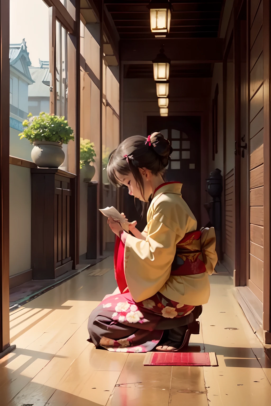 kimono, 1girl, beautiful blond girl praying in a temple, highly detailed, 4K graphic, masterpiece