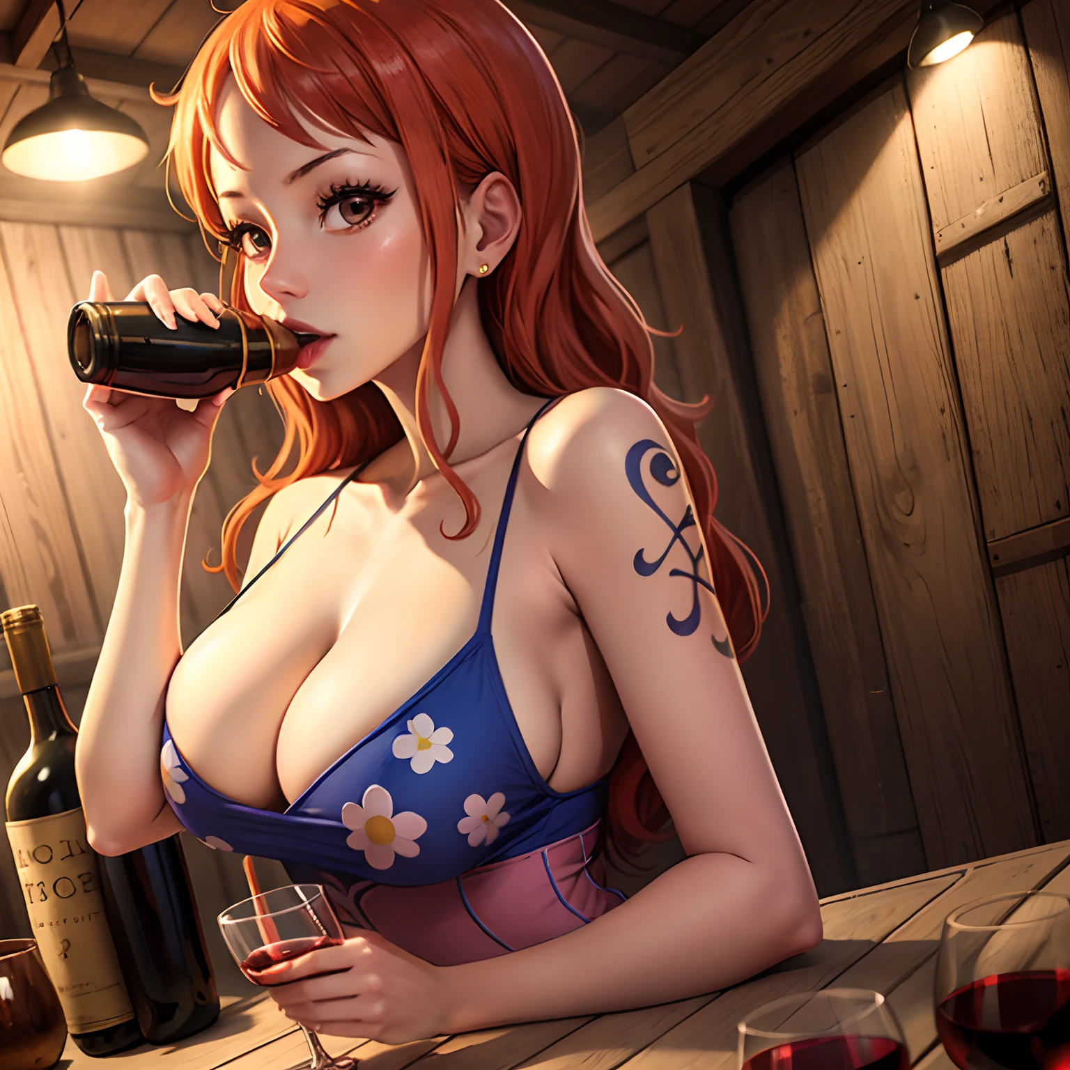 1 girl,drink wine, nami one piece,