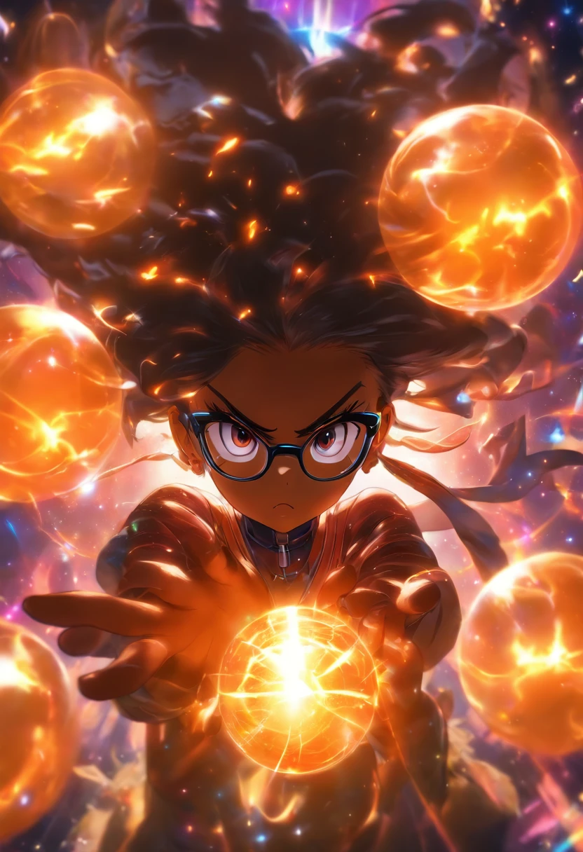 ((1girl)), anime, short dark hair, dark skin, shiny glasses lenses, mouth closed and expressionless, sitting, with her hands holding a glowing orb while two other glowing spheres orbit around her.