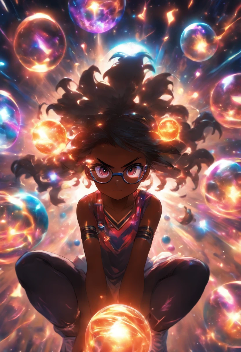 ((1girl)), anime, short dark hair, dark skin, shiny glasses lenses, mouth closed and expressionless, sitting, with her hands holding a glowing orb while two other glowing spheres orbit around her.