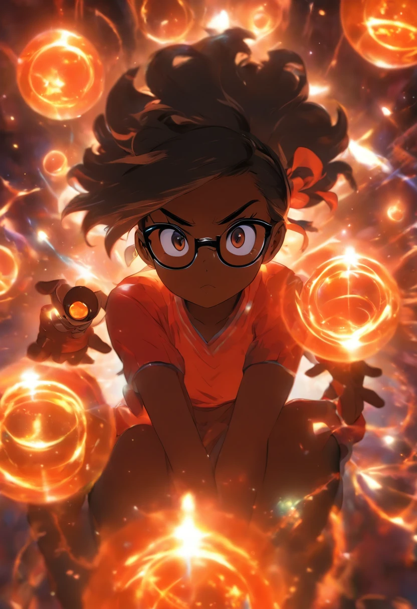 ((1girl)), anime, short dark hair, dark skin, shiny glasses lenses, mouth closed and expressionless, sitting, with her hands holding a glowing orb while two other glowing spheres orbit around her.