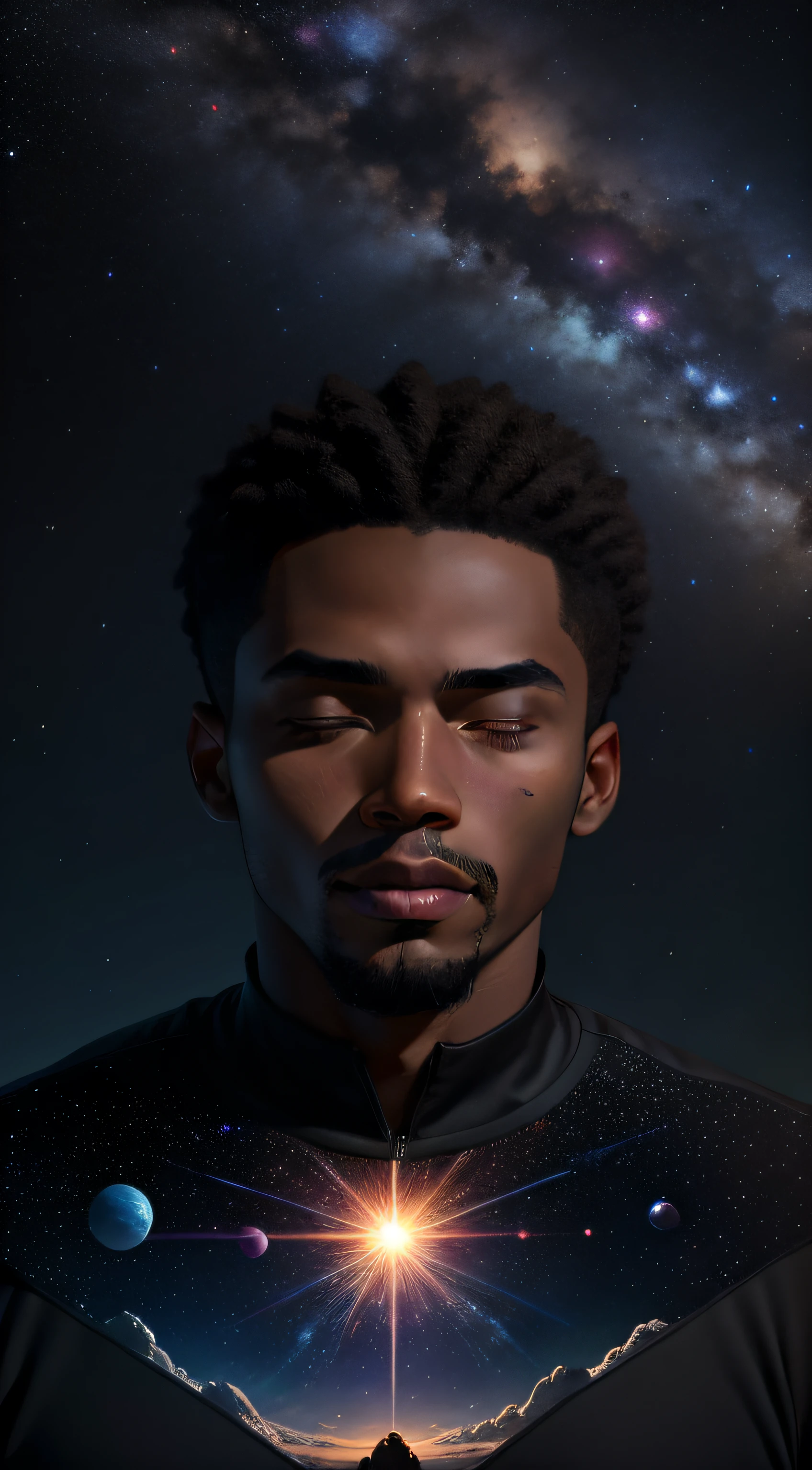 There is a black man with his eyes closed in the middle of the nocturnal nature, The sky is filled with stars and planets, multidimensional, meditation, homem negro, rosto detalhado, full hd, luz das estrelas com luzes de neon